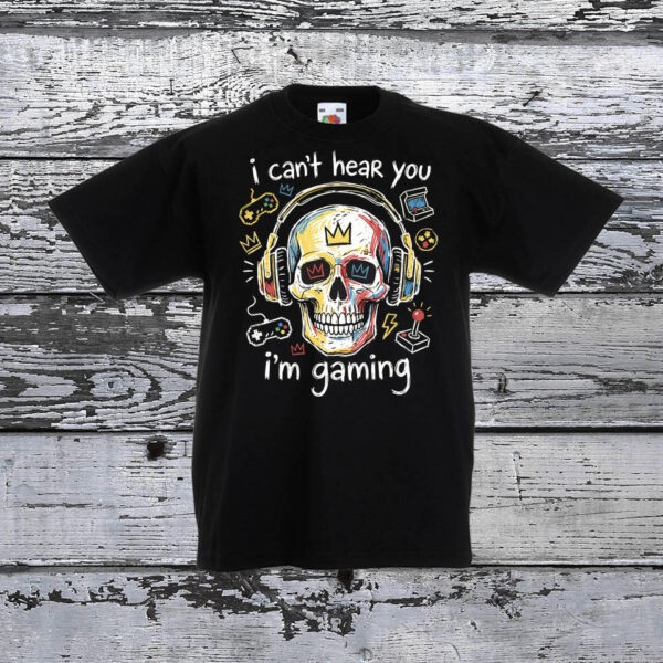 I can’t hear you i’m gaming – gamer gyerek póló koponya fejhallgatóval